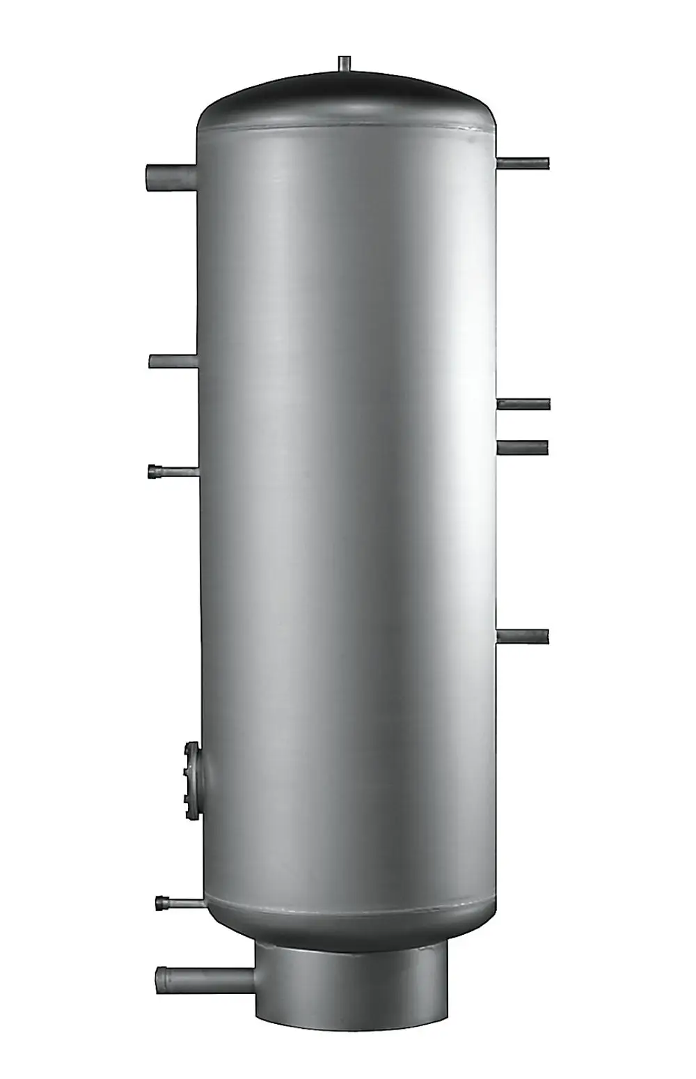 Vertikaler silberner Tank mit mehreren Anschlüssen, hergestellt von Danfoss, geeignet für die Erwärmung von Trinkwasser.